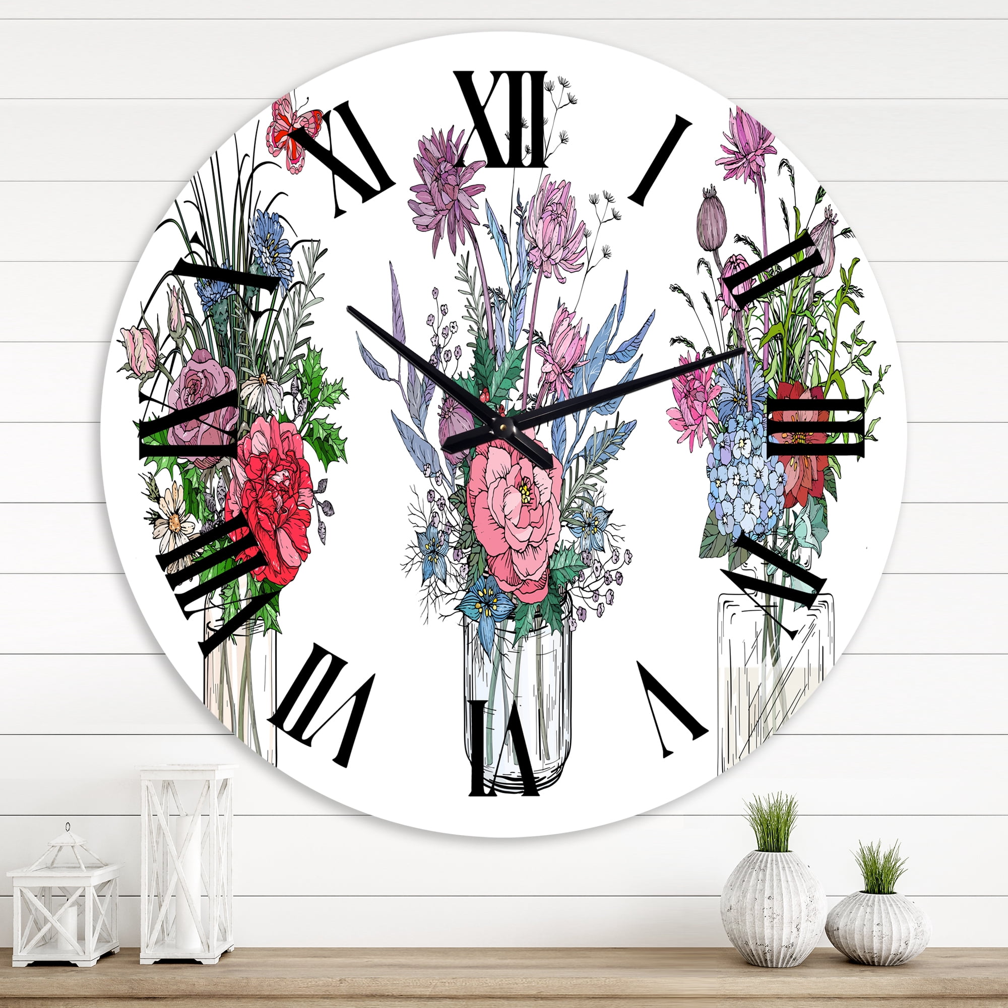 Designart 'Bouquets Of Wildflowers In Transparent Vases I' Farmhouse Wall Clock