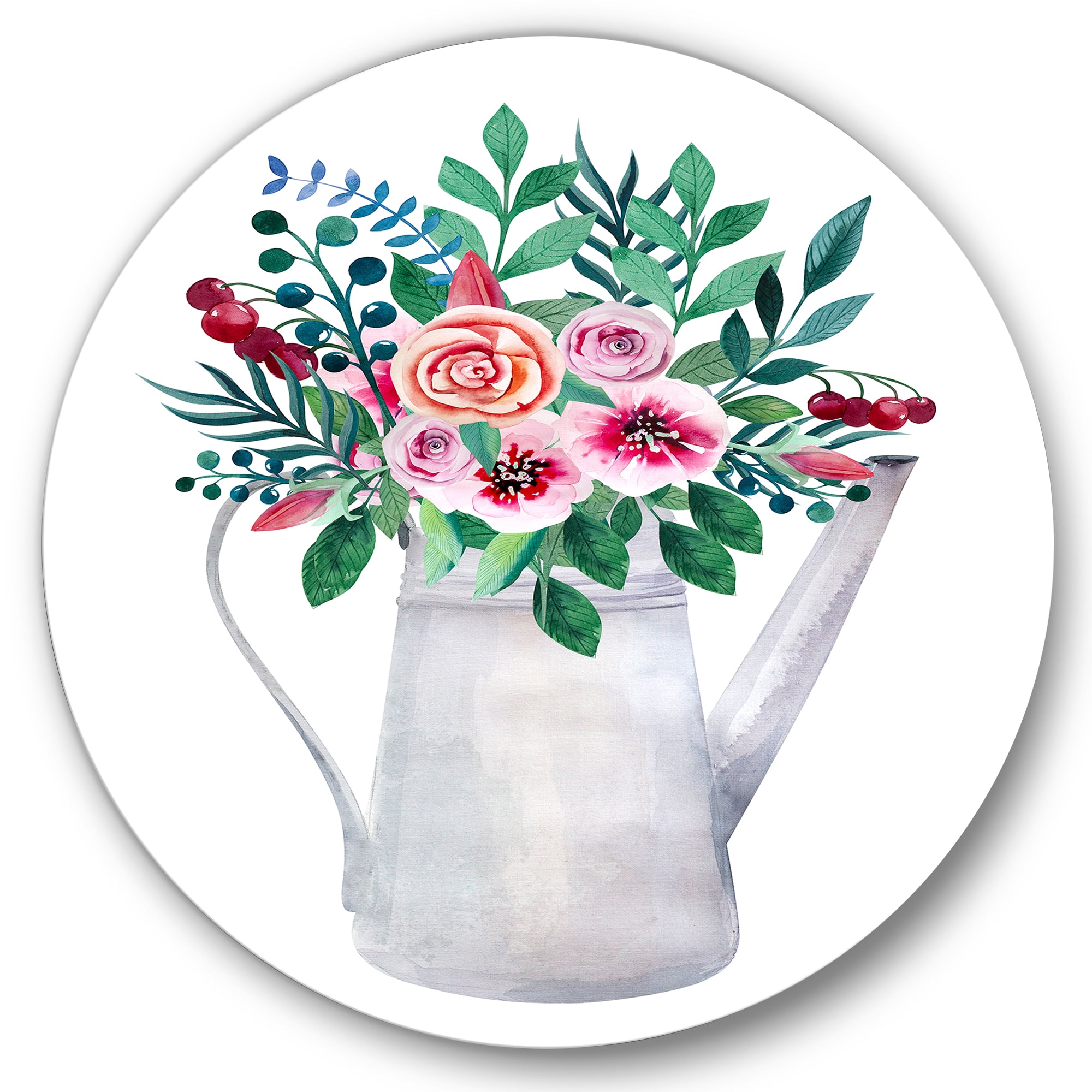 Designart 'Bouquets of Flowers In Rustic Flowering Pot With Berries' Traditional Circle Metal Wall Art 36x36 - Disc of 36