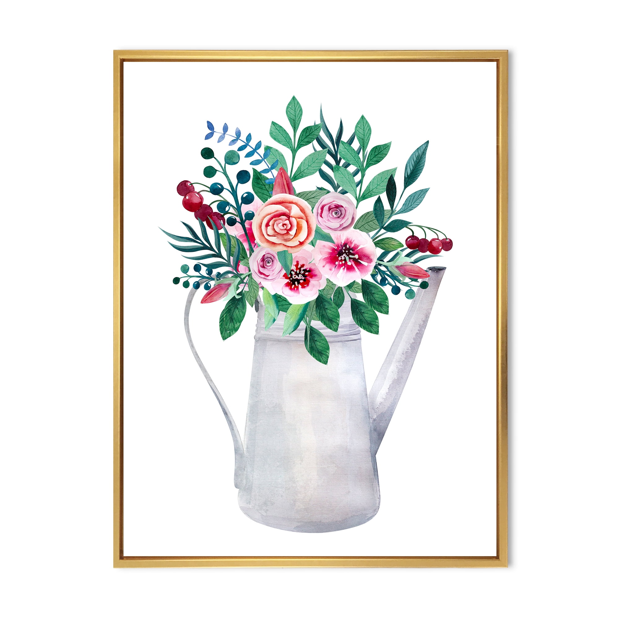 Designart 'Bouquets of Flowers In Rustic Flowering Pot With Berries' Traditional Framed Canvas Wall Art Print