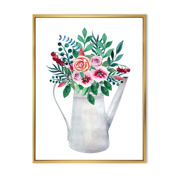 Designart 'Bouquets of Flowers In Rustic Flowering Pot With Berries' Traditional Framed Canvas Wall Art Print