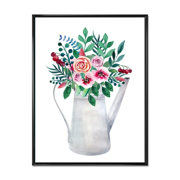 Designart 'Bouquets of Flowers In Rustic Flowering Pot With Berries' Traditional Framed Canvas Wall Art Print