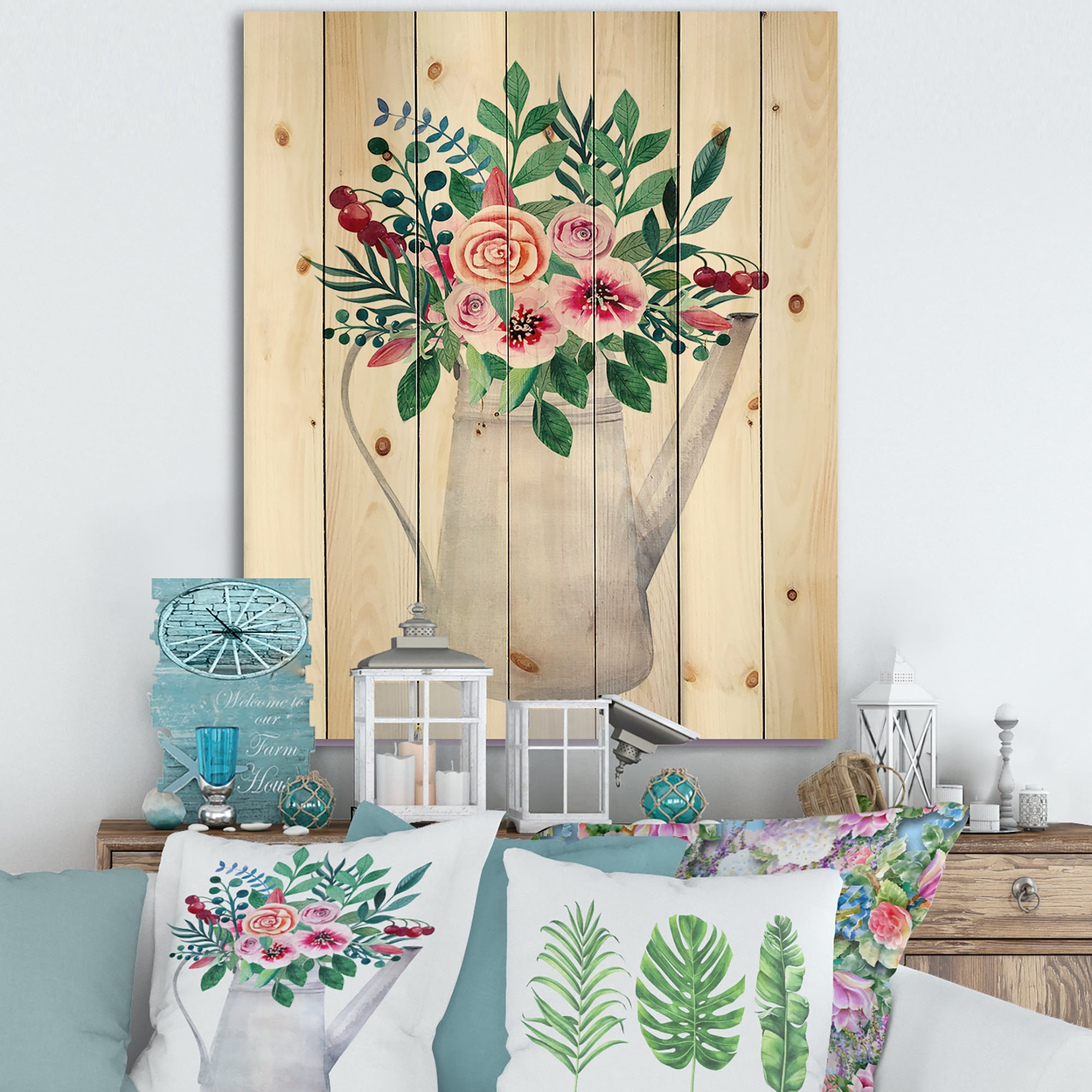 Designart 'Bouquets of Flowers In Rustic Flowering Pot With Berries' Traditional Print on Natural Pine Wood