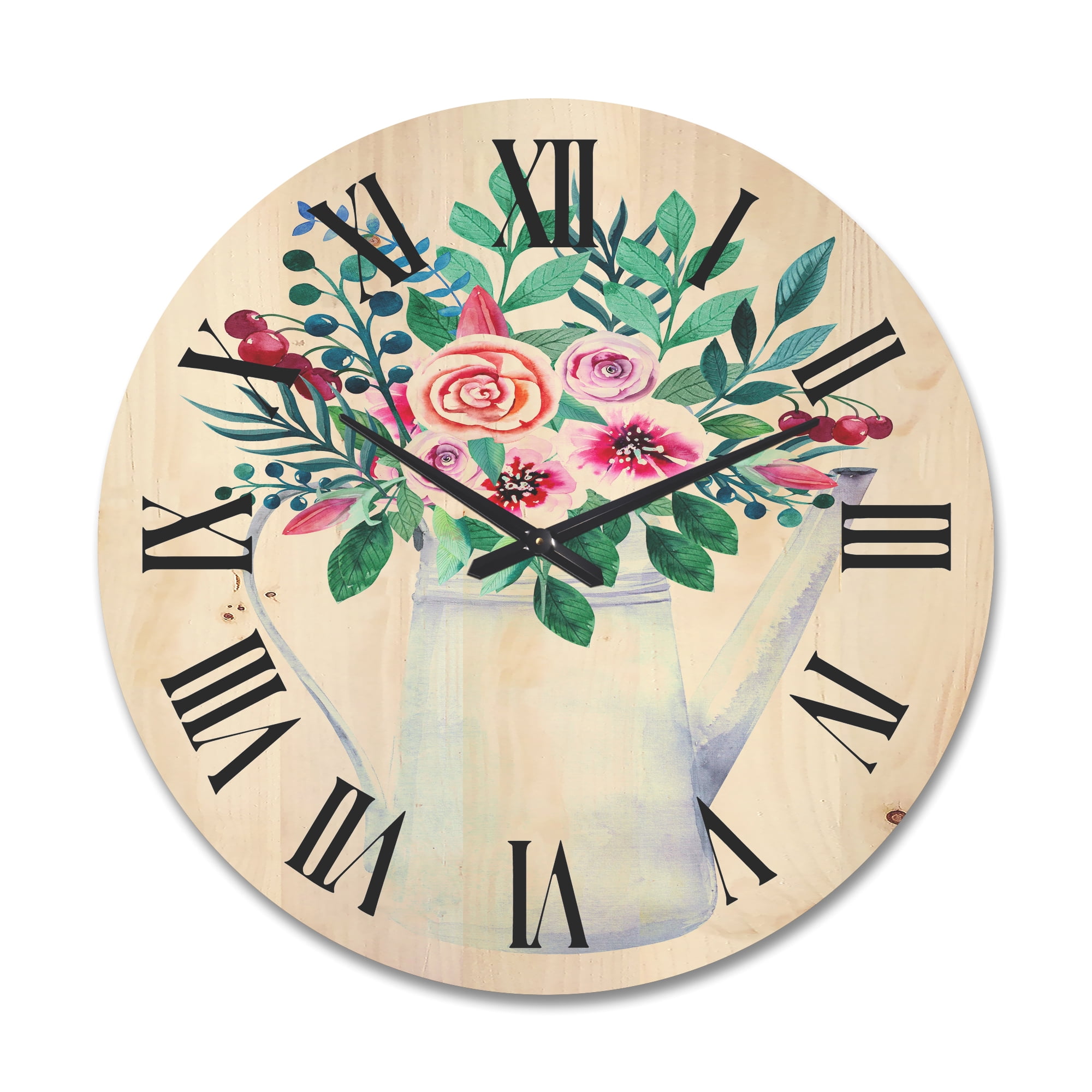 Designart 'Bouquets of Flowers In Rustic Flowering Pot With Berries' Traditional Wood Wall Clock