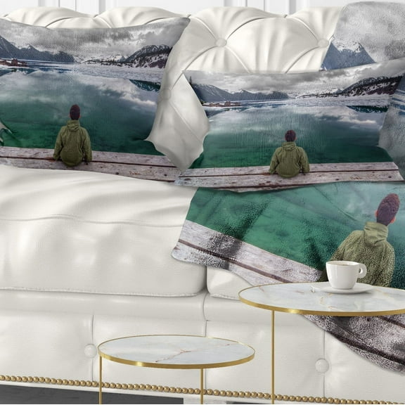 Designart Boy Looking at Clear Mountain Lake - Landscape Printed Throw Pillow - 12x20