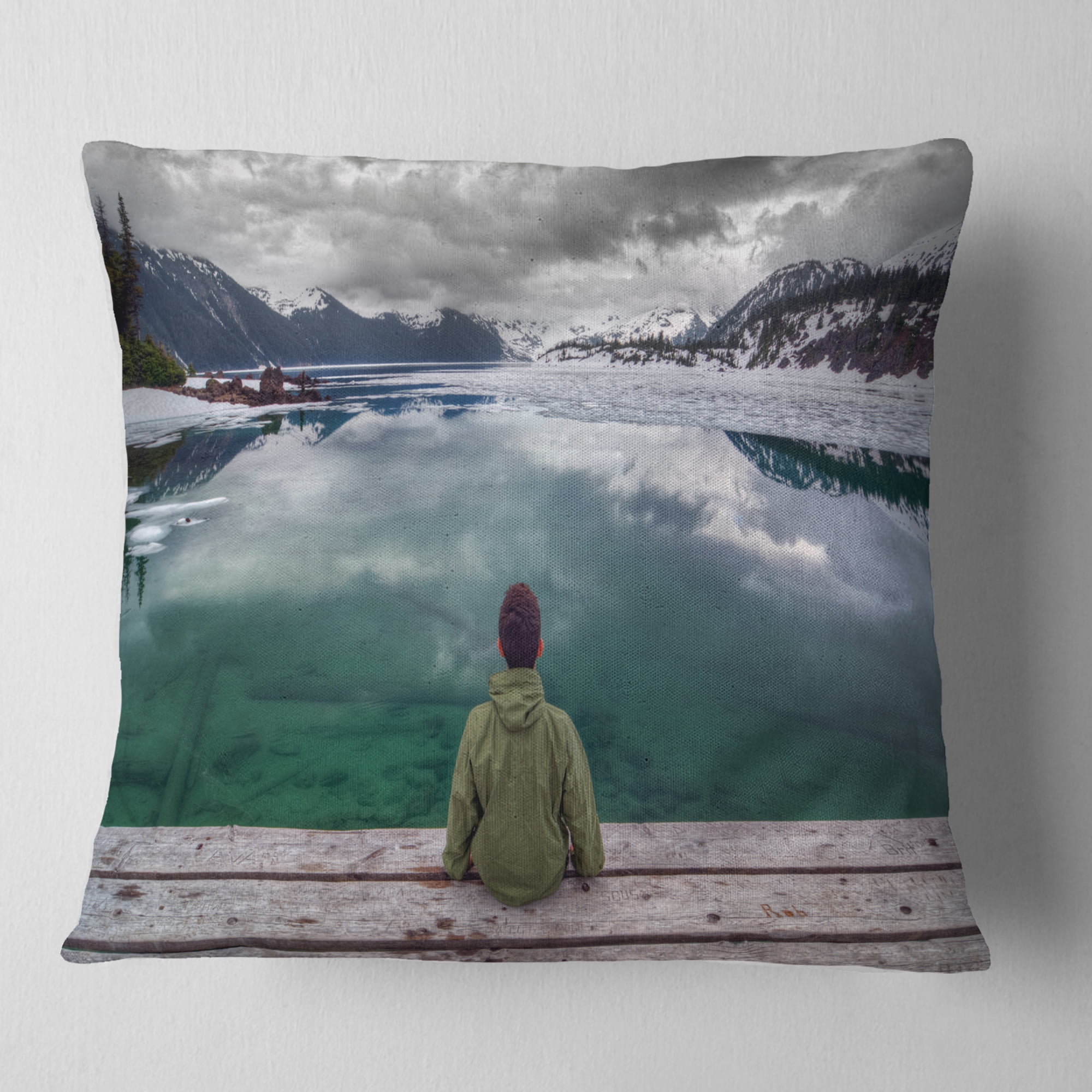 Designart Boy Looking at Clear Mountain Lake - Landscape Printed Throw Pillow - 16x16