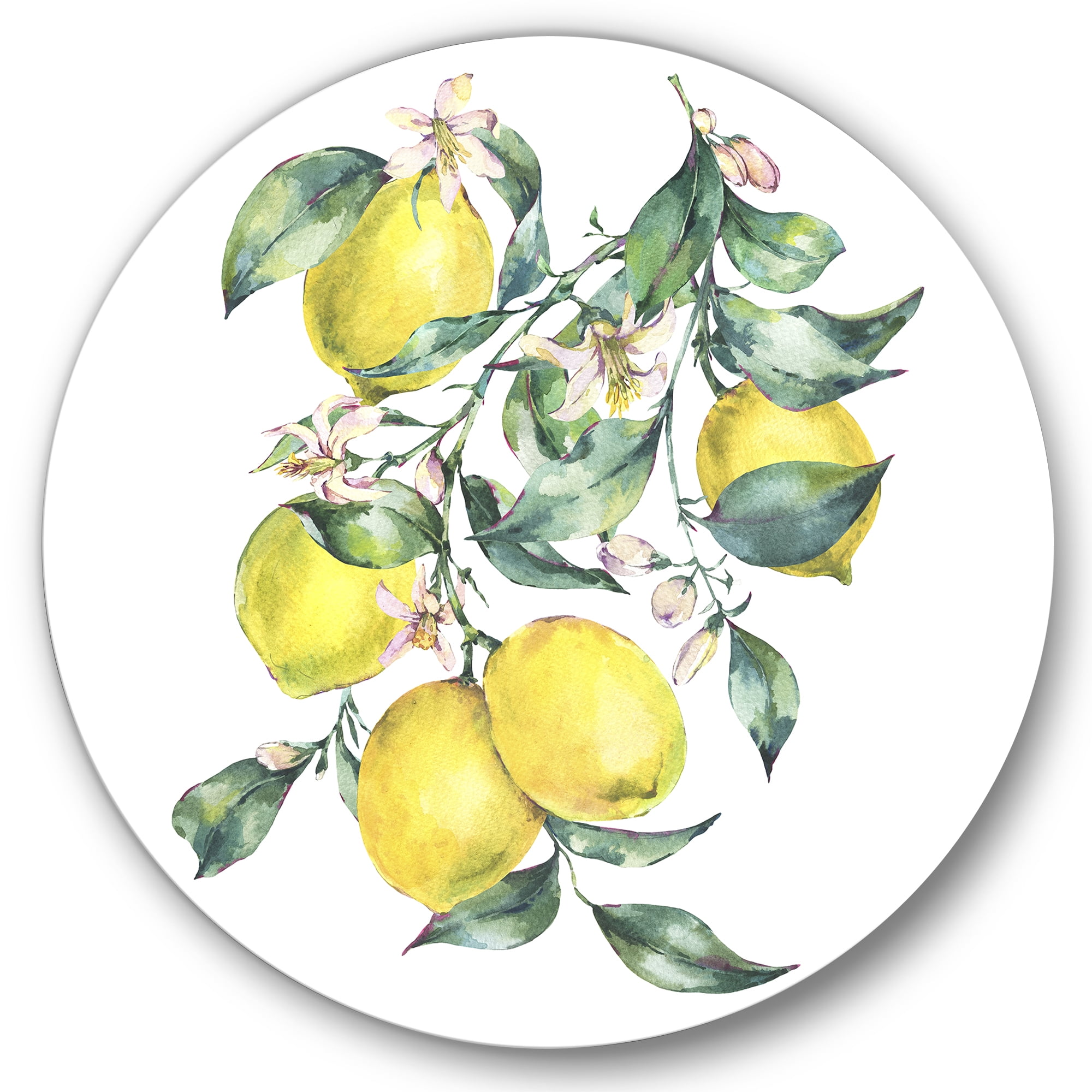 Designart 'Branch of Leaves and Yellow Lemons I' Tropical Circle Metal Wall Art 29x29 - Disc of 29
