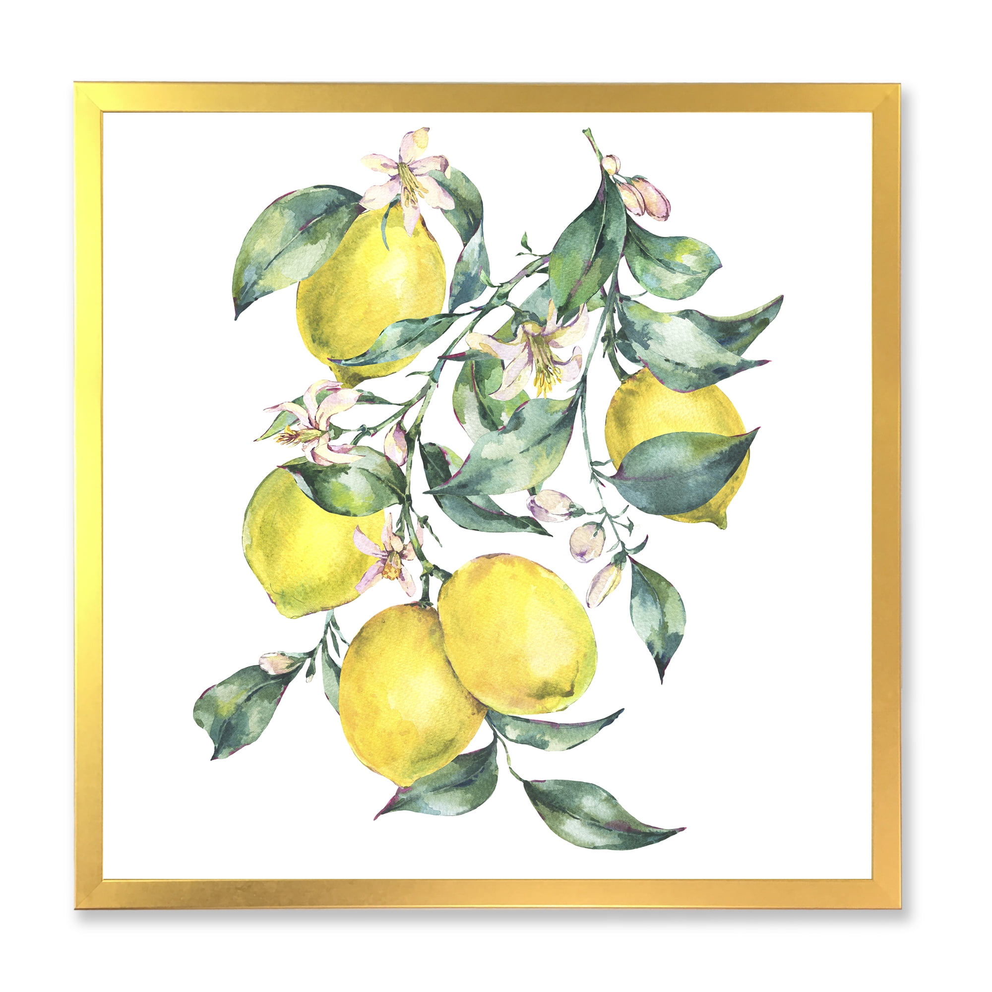 Designart 'Branch of Leaves and Yellow Lemons I' Tropical Framed Art Print