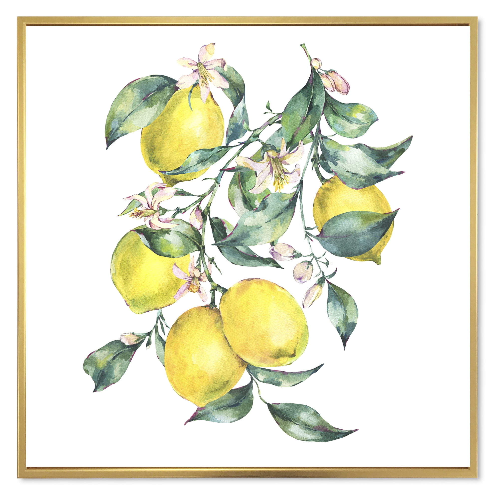 Designart 'Branch of Leaves and Yellow Lemons I' Tropical Framed Canvas Wall Art Print