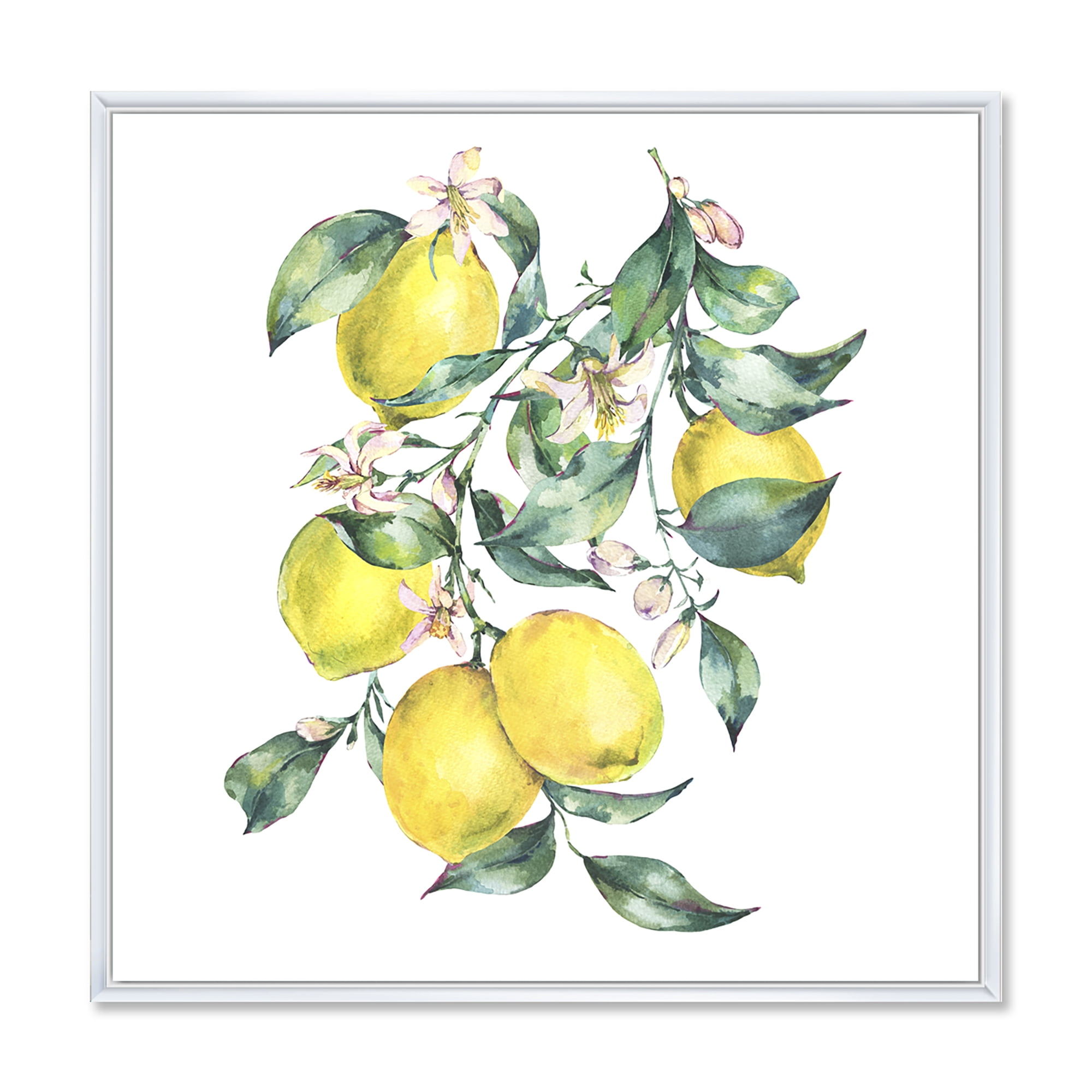 Designart 'Branch of Leaves and Yellow Lemons I' Tropical Framed Canvas Wall Art Print