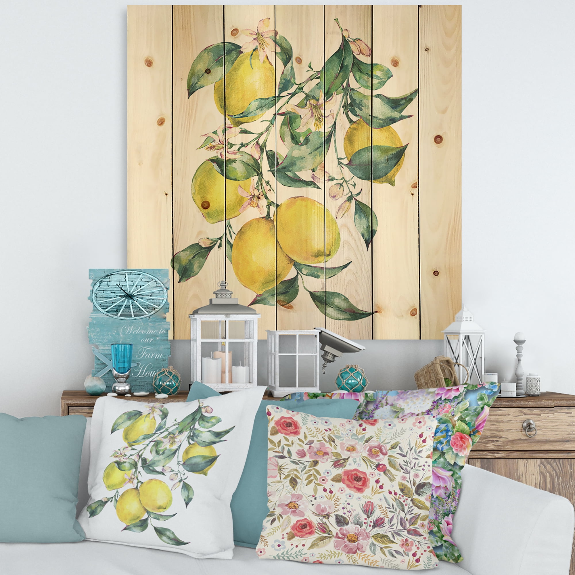 Designart 'Branch of Leaves and Yellow Lemons I' Tropical Print on Natural Pine Wood