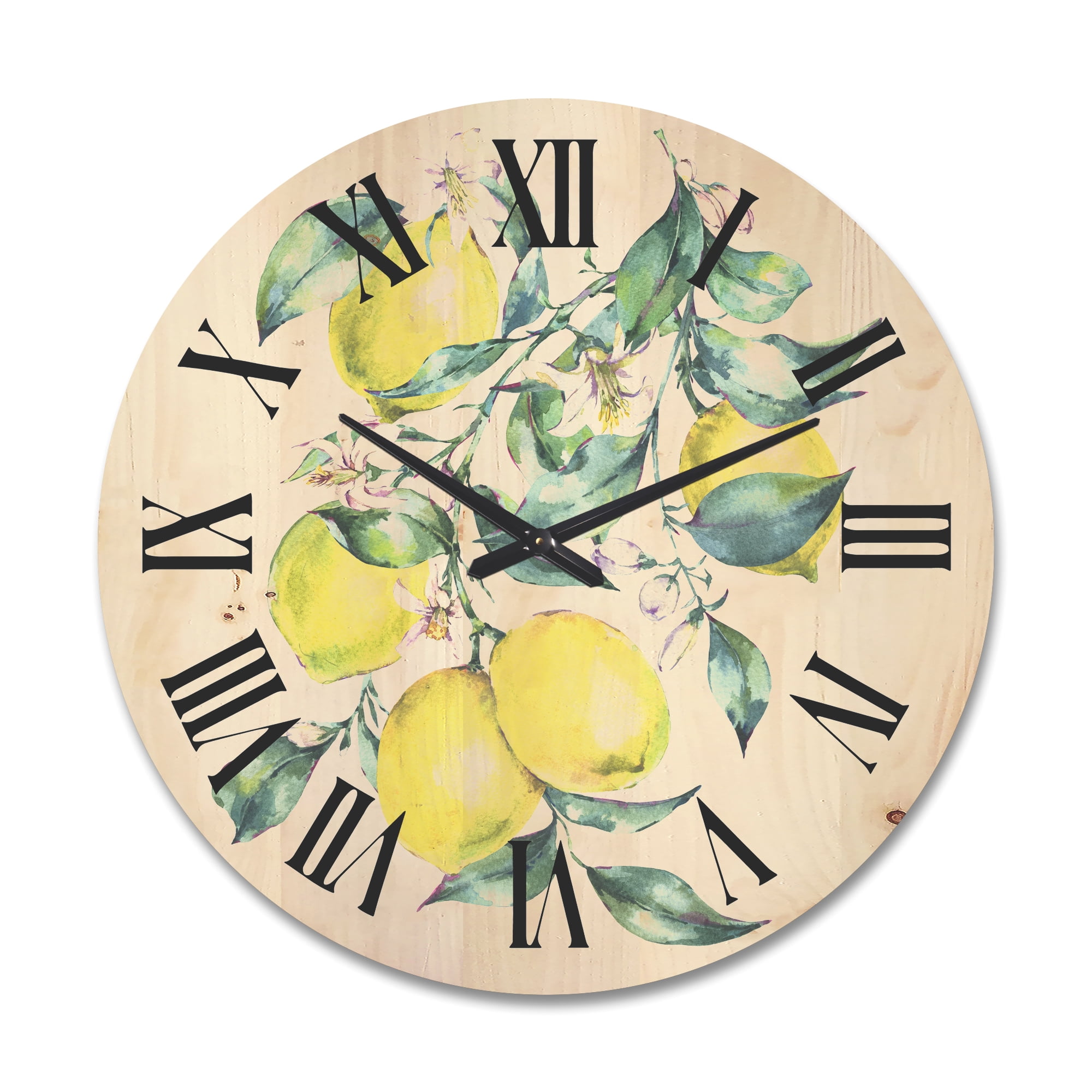 Designart 'Branch of Leaves and Yellow Lemons I' Tropical Wood Wall Clock