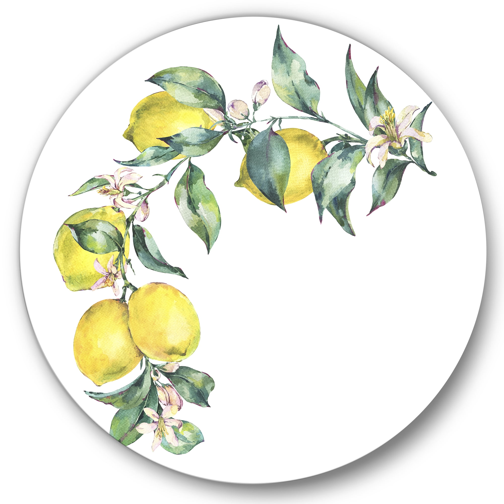 Designart 'Branch of Leaves and Yellow Lemons II' Tropical Circle Metal Wall Art 11x11 - Disc of 11