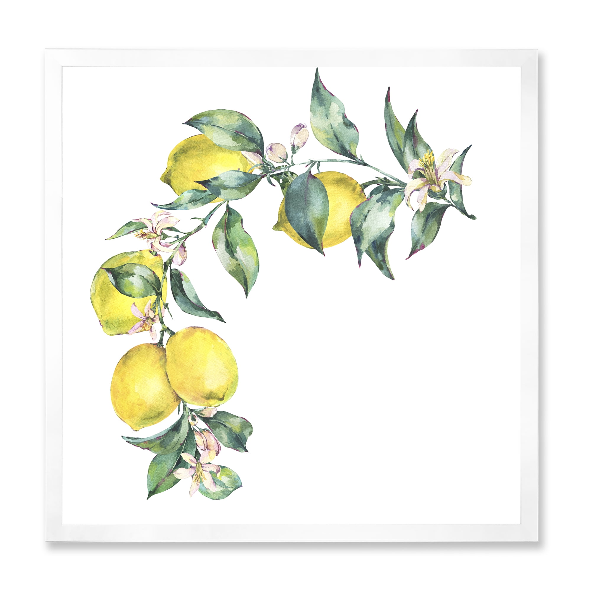 Designart 'Branch of Leaves and Yellow Lemons II' Tropical Framed Art Print