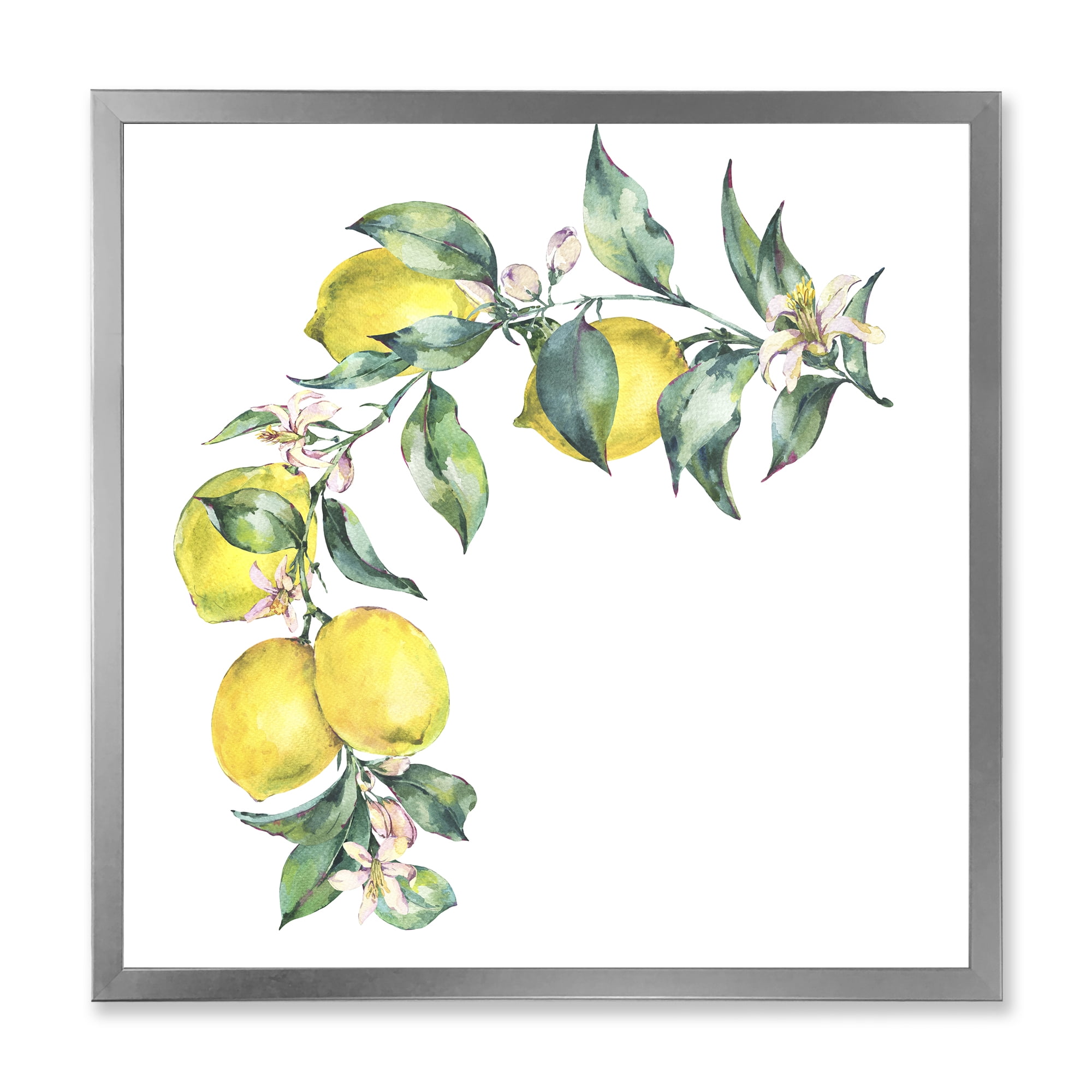 Designart 'Branch of Leaves and Yellow Lemons II' Tropical Framed Art Print