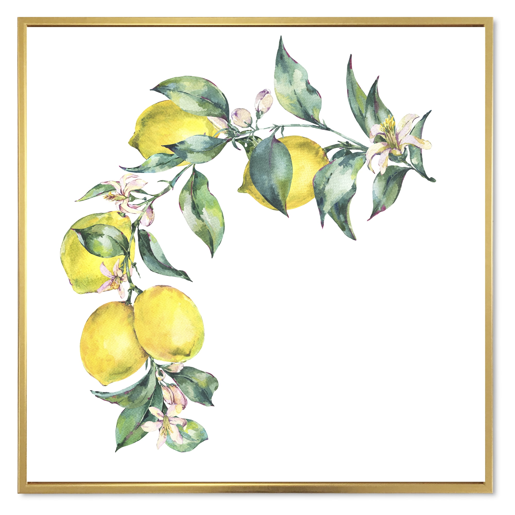 Designart 'Branch of Leaves and Yellow Lemons II' Tropical Framed Canvas Wall Art Print