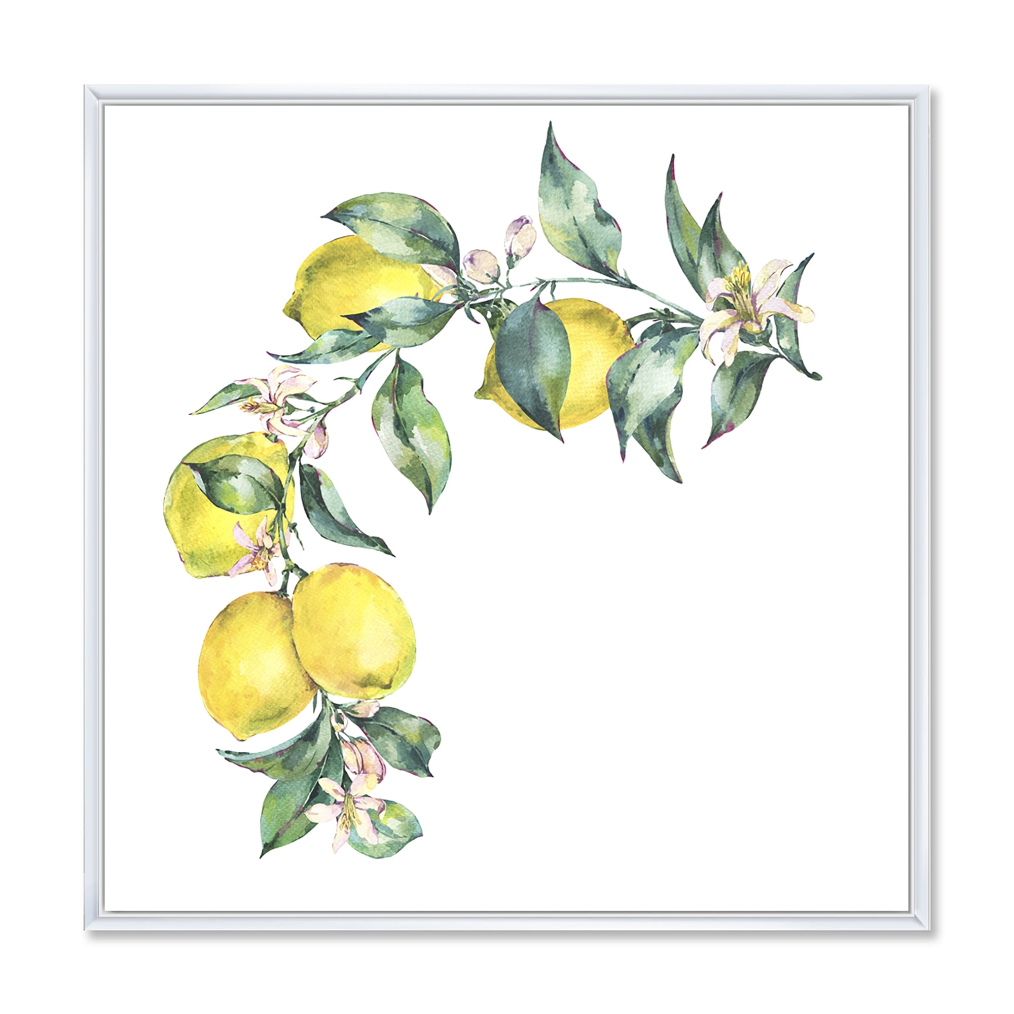 Designart 'Branch of Leaves and Yellow Lemons II' Tropical Framed Canvas Wall Art Print