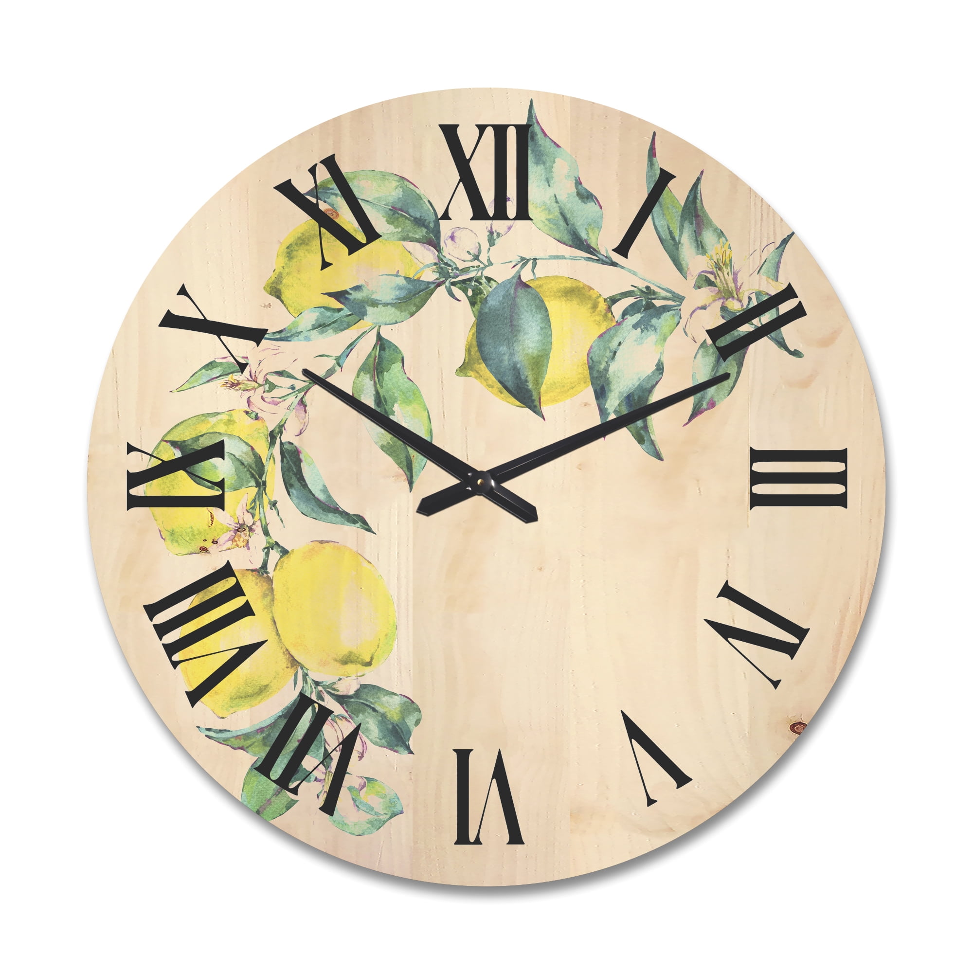 Designart 'Branch of Leaves and Yellow Lemons II' Tropical Wood Wall Clock