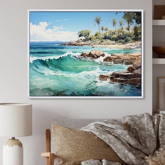 Designart "Breezy Turquoise Palm Trees In The Tropics I" Palms & Palm Trees Floater Framed Wall Art Prints