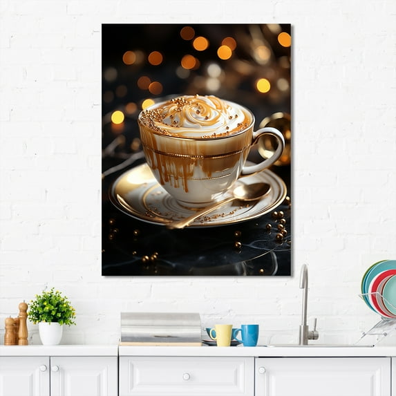 Designart "Brew Brilliance in Brown Golden Coffee III" Food & Beverage Canvas Wall Art - Traditional White Coffee Living Room Canvas Art