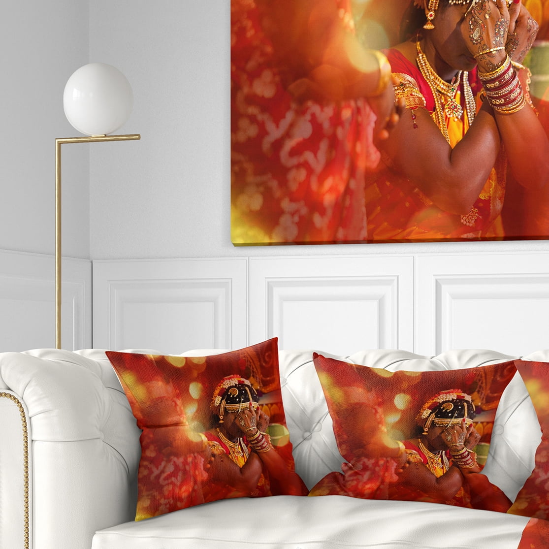 Designart Bride in Typical Hindu Wedding - Modern Portrait Throw Pillow - 18x18