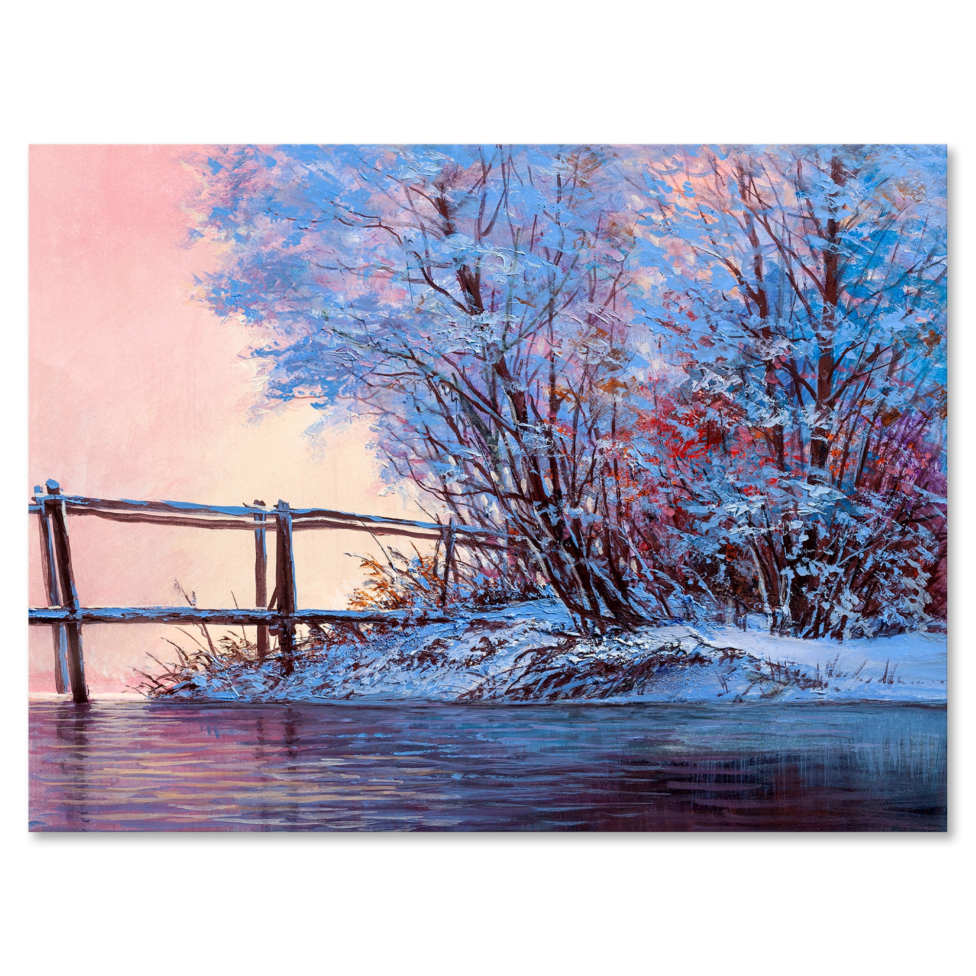 Designart ' Bridge Of Meandering River With Winter Scenery I ' Lake House Canvas Wall Art Print