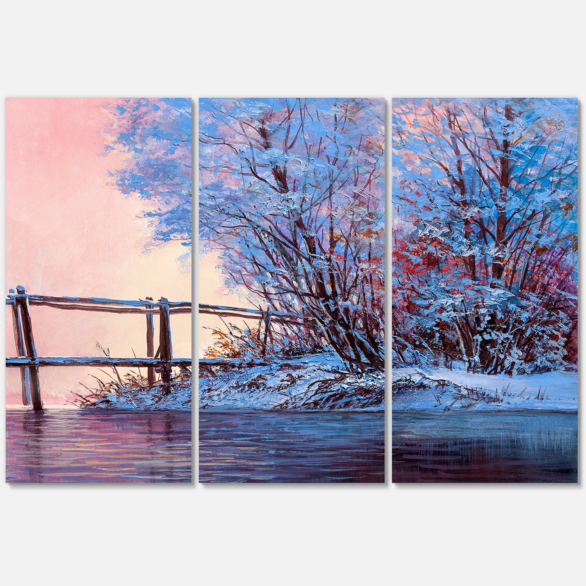 Designart ' Bridge Of Meandering River With Winter Scenery I ' Lake House Canvas Wall Art Print