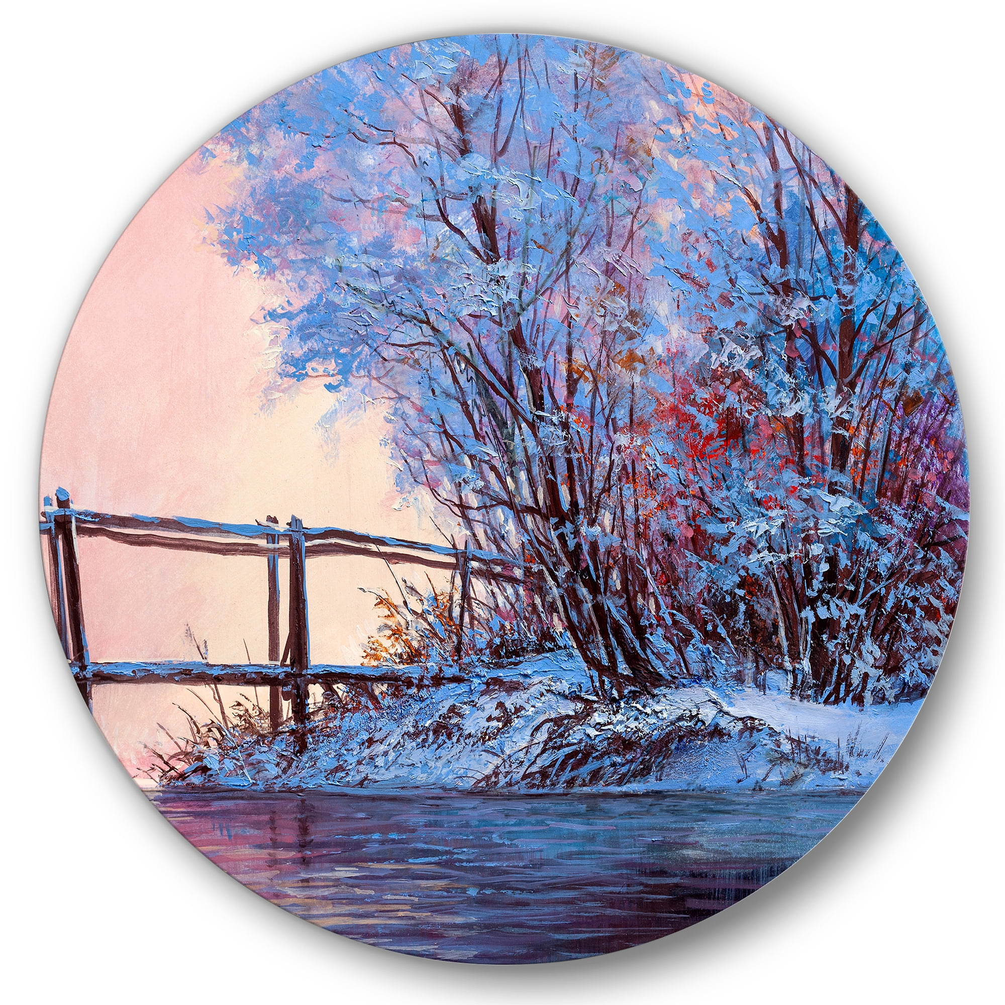 Designart 'Bridge Of Meandering River With Winter Scenery I' Lake House Circle Metal Wall Art 29x29 - Disc of 29