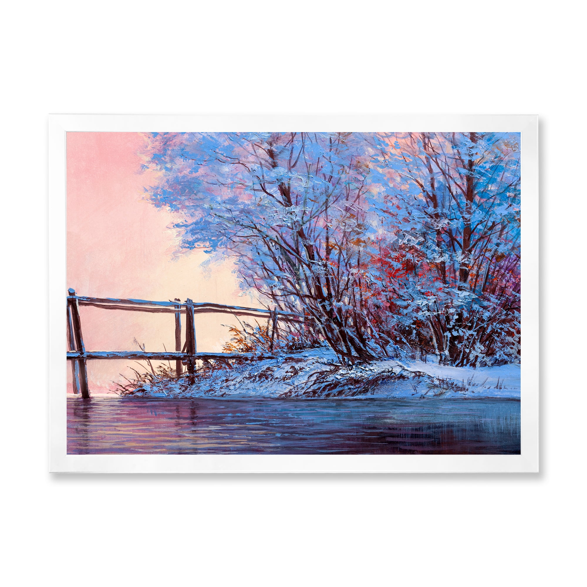 Designart 'Bridge Of Meandering River With Winter Scenery I' Lake House Framed Art Print