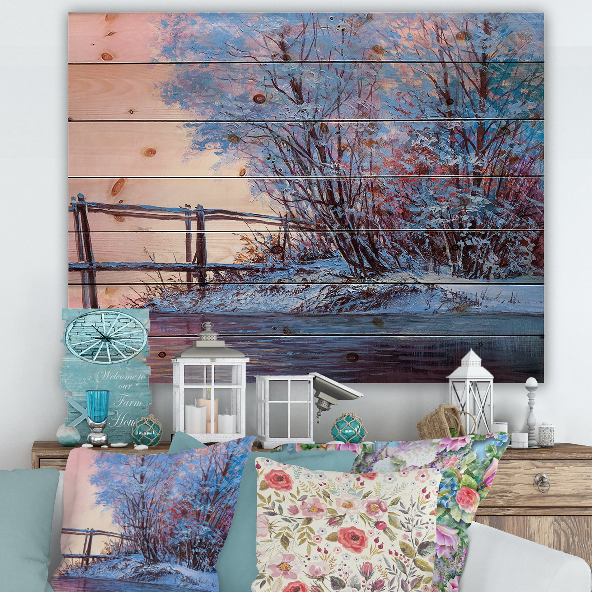 Designart 'Bridge Of Meandering River With Winter Scenery I' Lake House Print on Natural Pine Wood