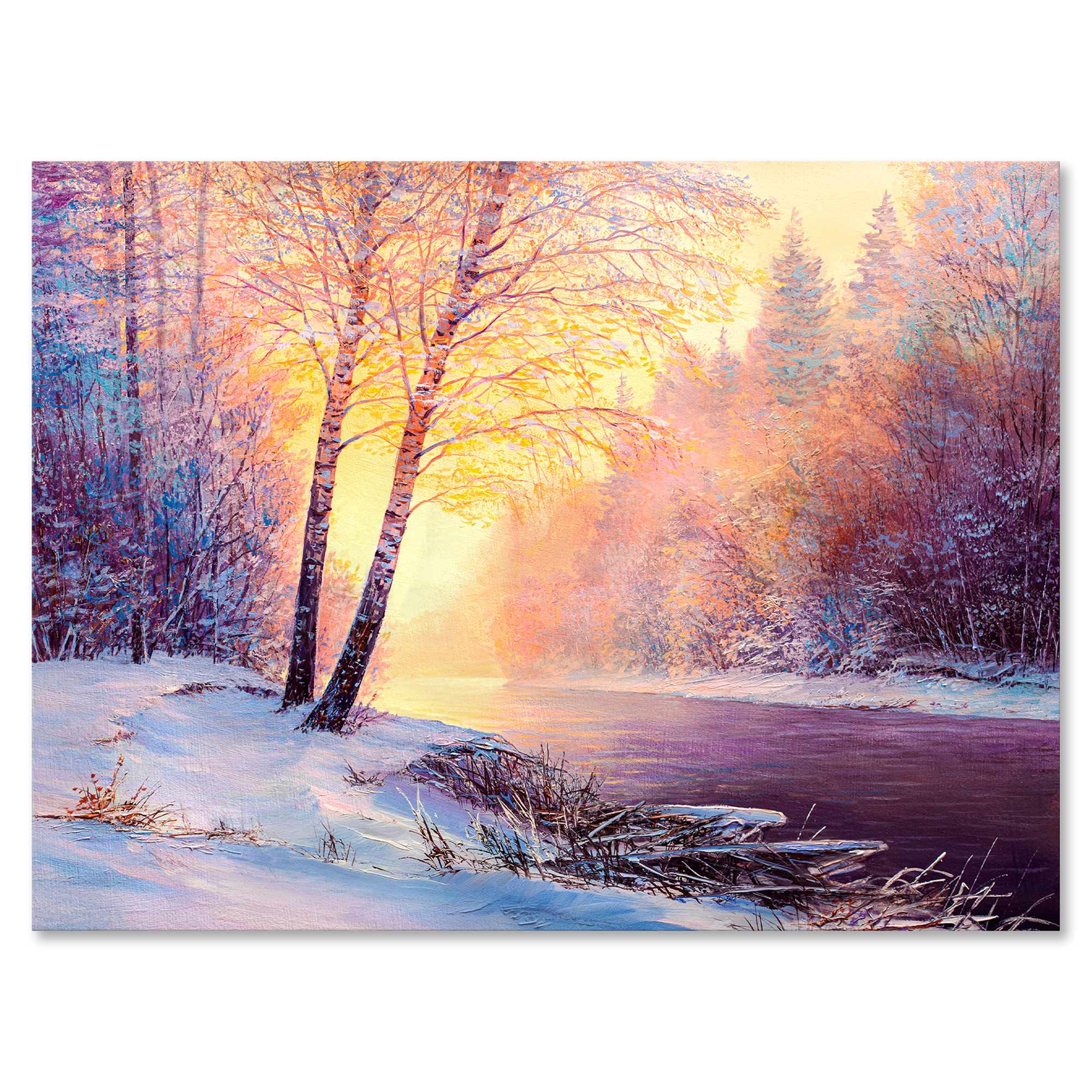 Designart ' Bridge Of Meandering River With Winter Scenery II ' Lake House Canvas Wall Art Print