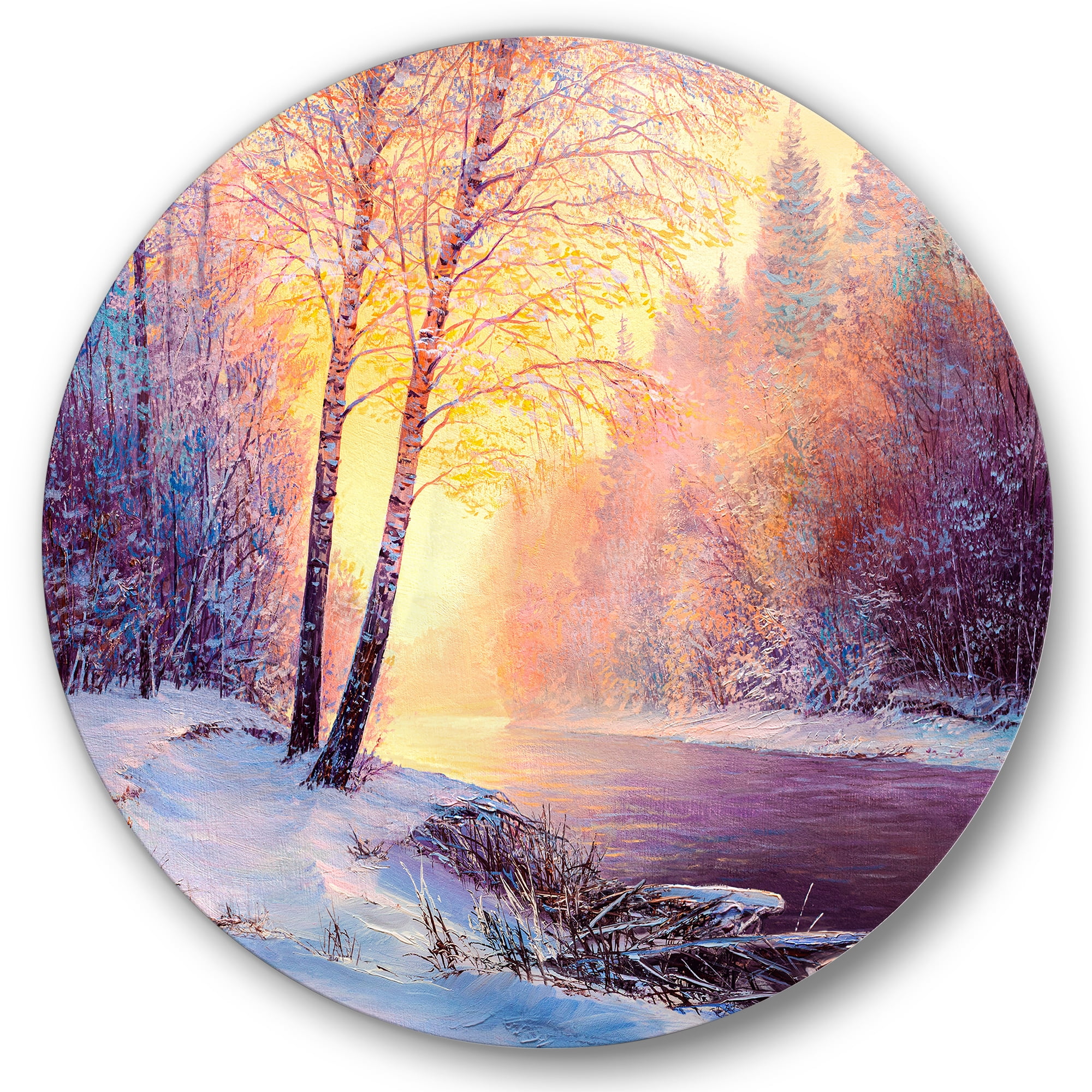 Designart 'Bridge Of Meandering River With Winter Scenery II' Lake House Circle Metal Wall Art 29x29 - Disc of 29