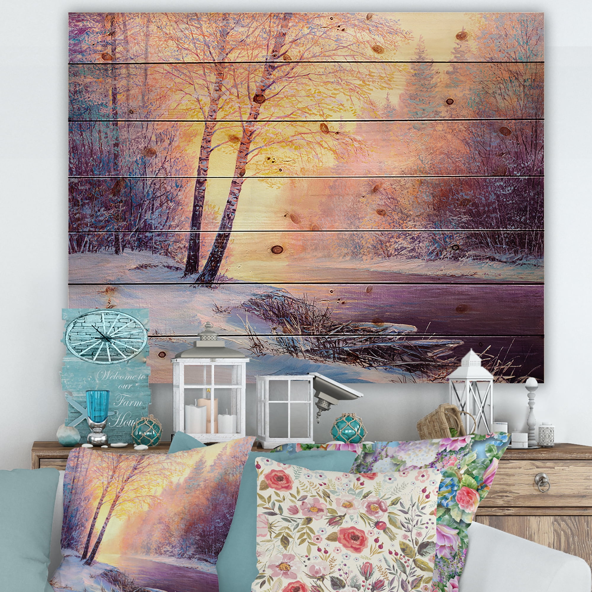 Designart 'Bridge Of Meandering River With Winter Scenery II' Lake House Print on Natural Pine Wood