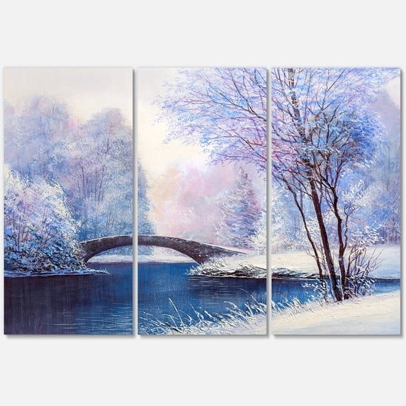 Designart ' Bridge Of Meandering River With Winter Scenery III ' Lake House Canvas Wall Art Print