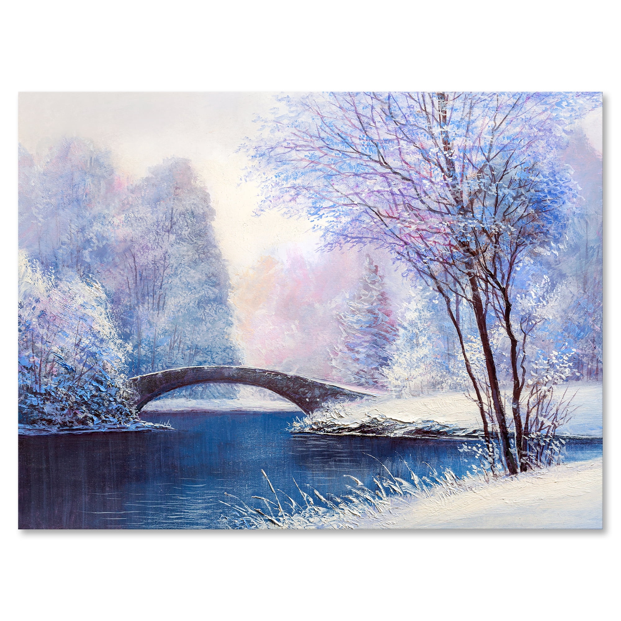 Designart ' Bridge Of Meandering River With Winter Scenery III ' Lake House Canvas Wall Art Print