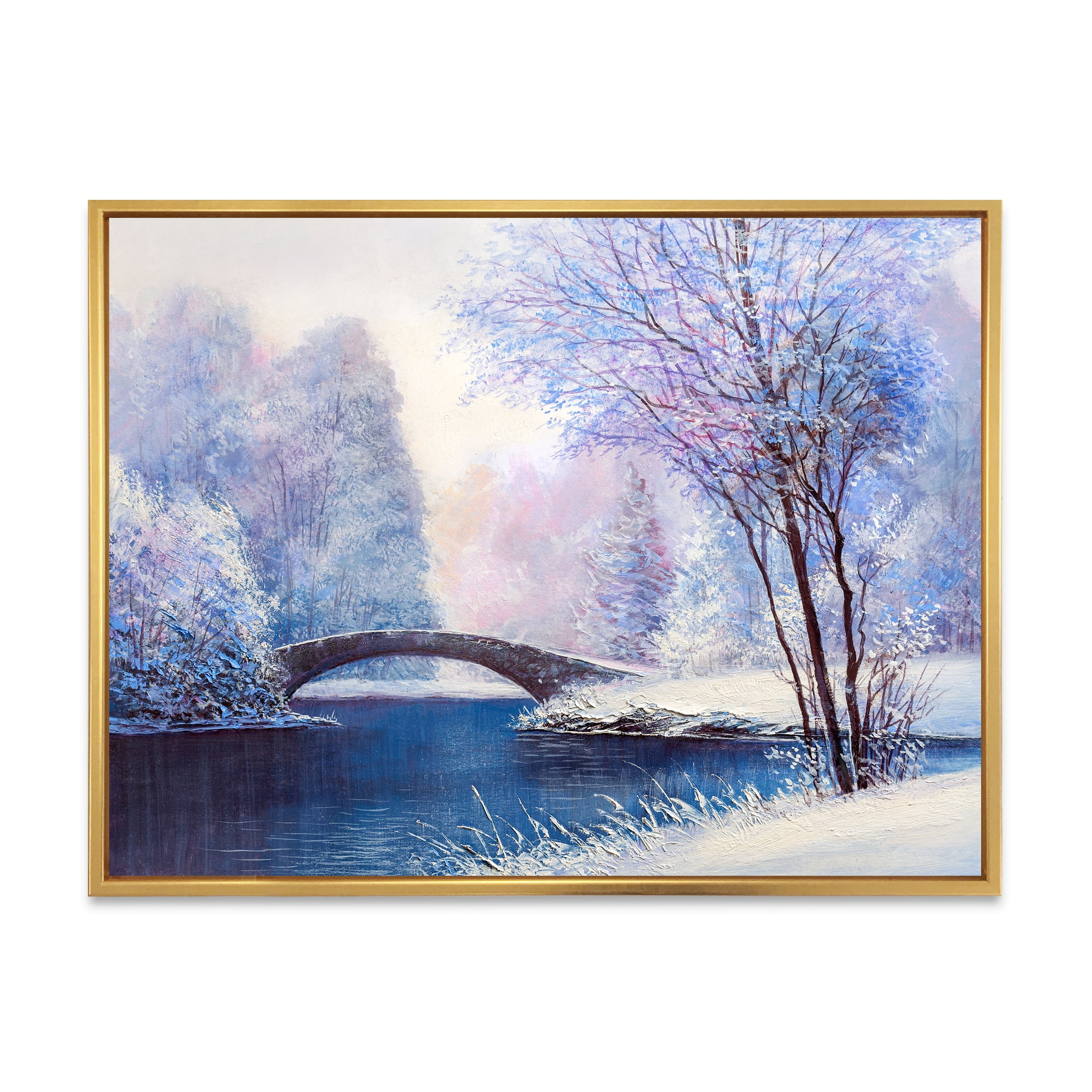 Designart 'Bridge Of Meandering River With Winter Scenery III' Lake House Framed Canvas Wall Art Print
