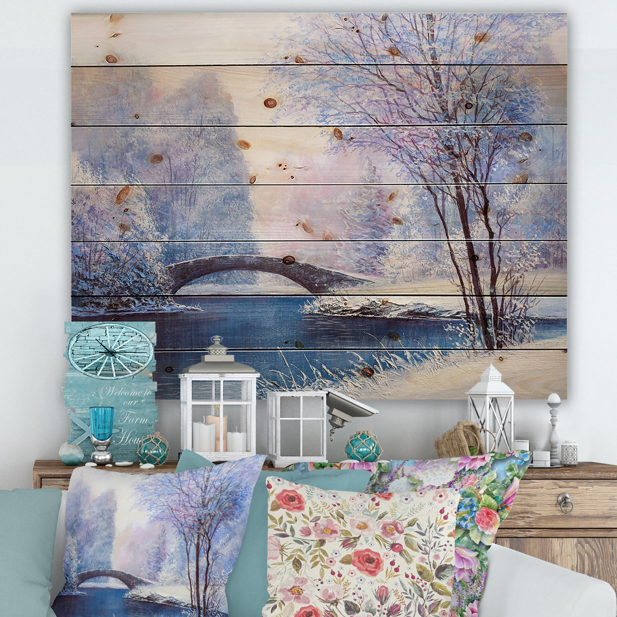 Designart 'Bridge Of Meandering River With Winter Scenery III' Lake House Print on Natural Pine Wood