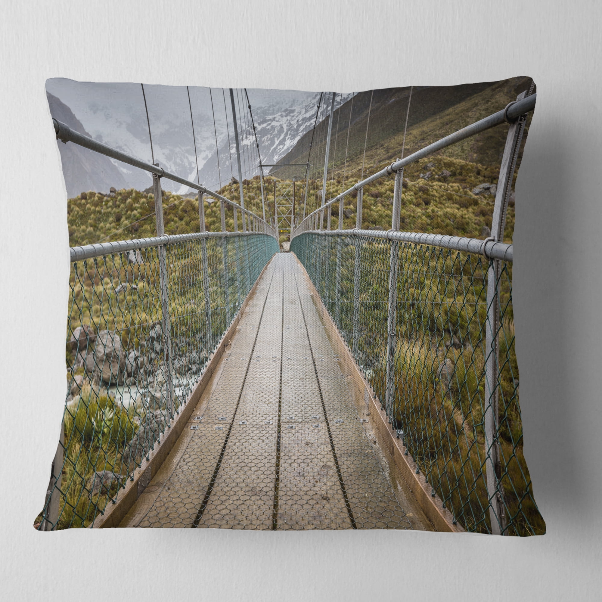 Designart Bridge Over Hooker River in Aoraki - Bridge Throw Pillow - 16x16