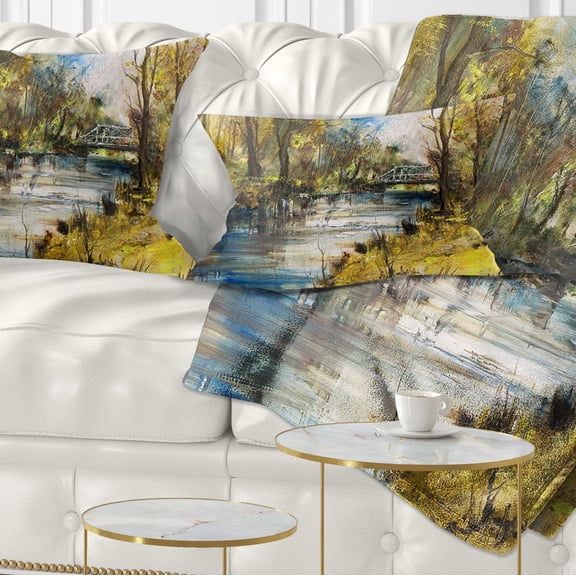 Designart Bridge Over River Oil Painting - Landscape Painting Throw Pillow - 12x20