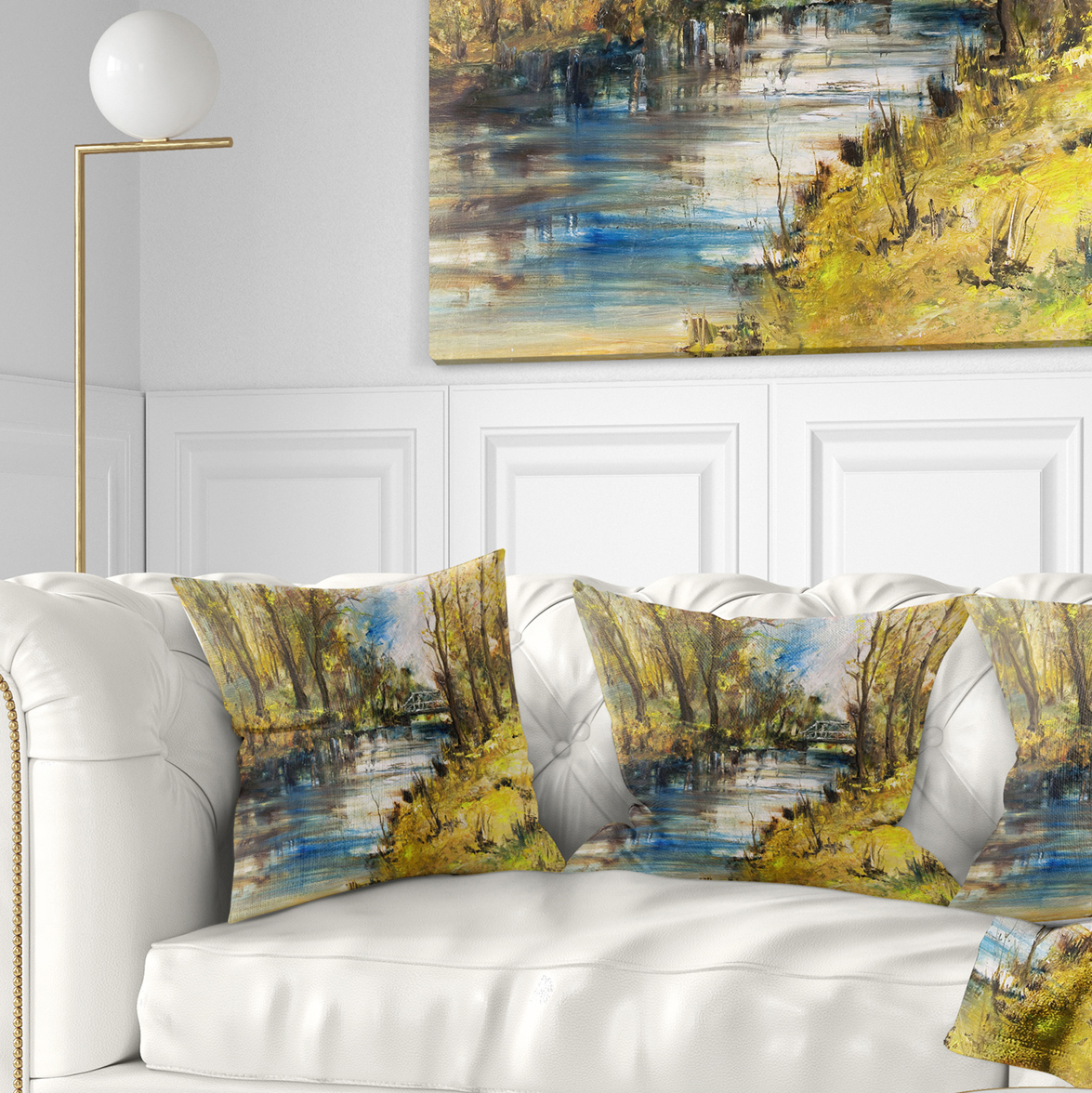 Designart Bridge Over River Oil Painting - Landscape Painting Throw Pillow - 18x18