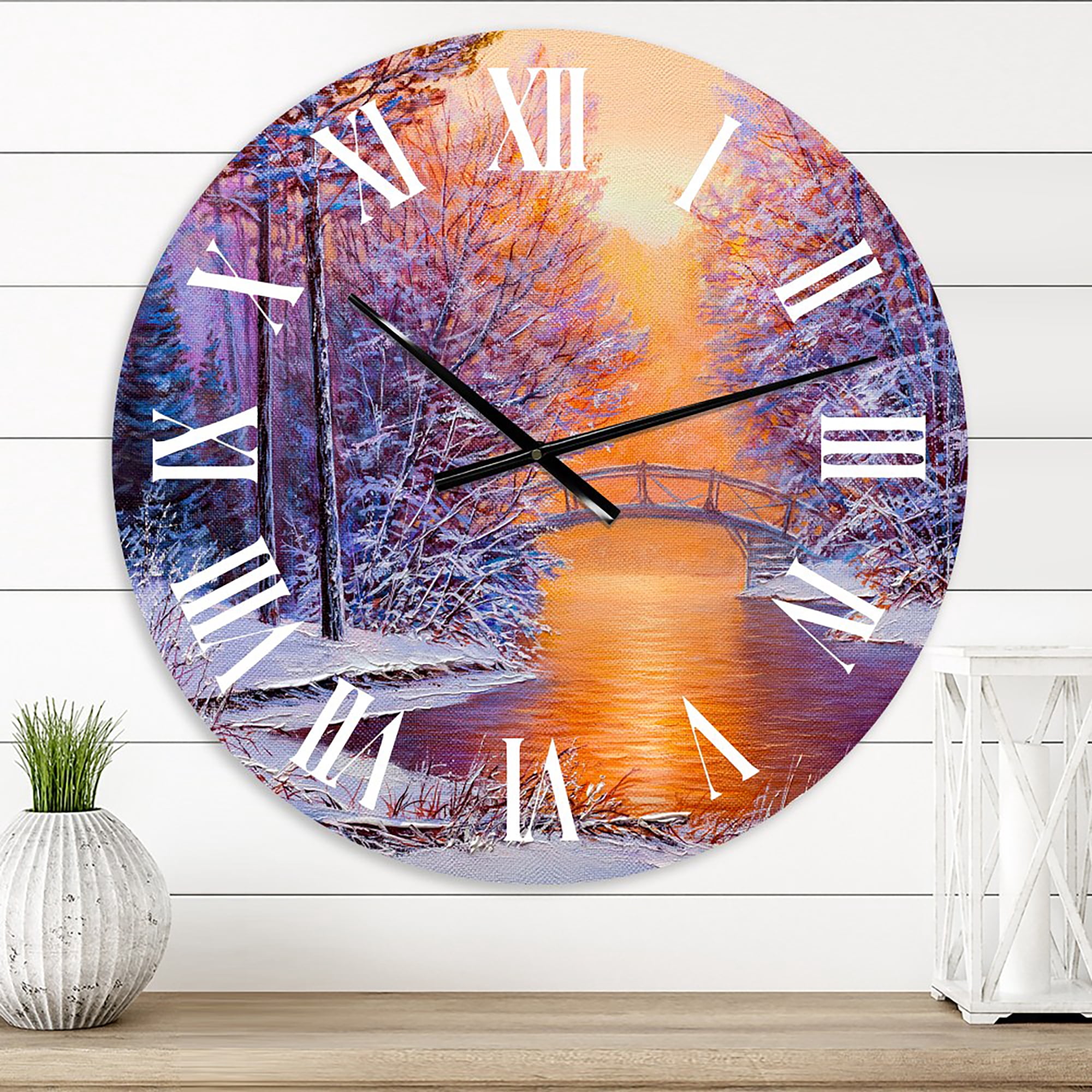 Designart 'Bridge Over The River In Winter Landscape' Traditional Wall Clock