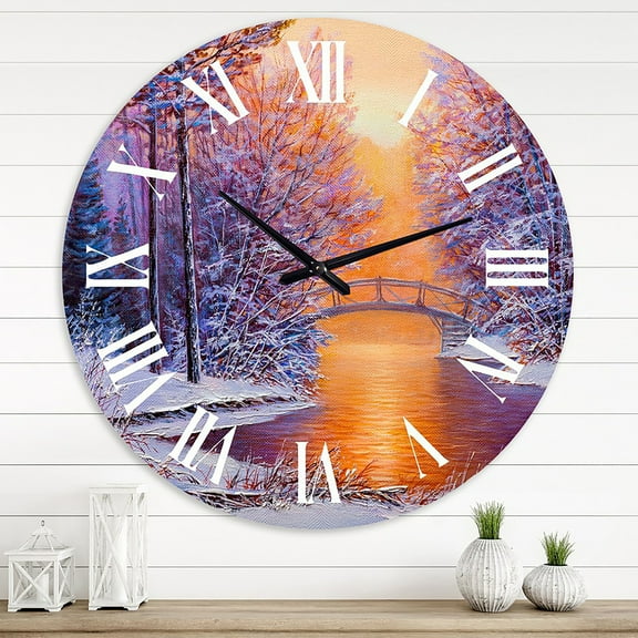 Designart 'Bridge Over The River In Winter Landscape' Traditional Wall Clock