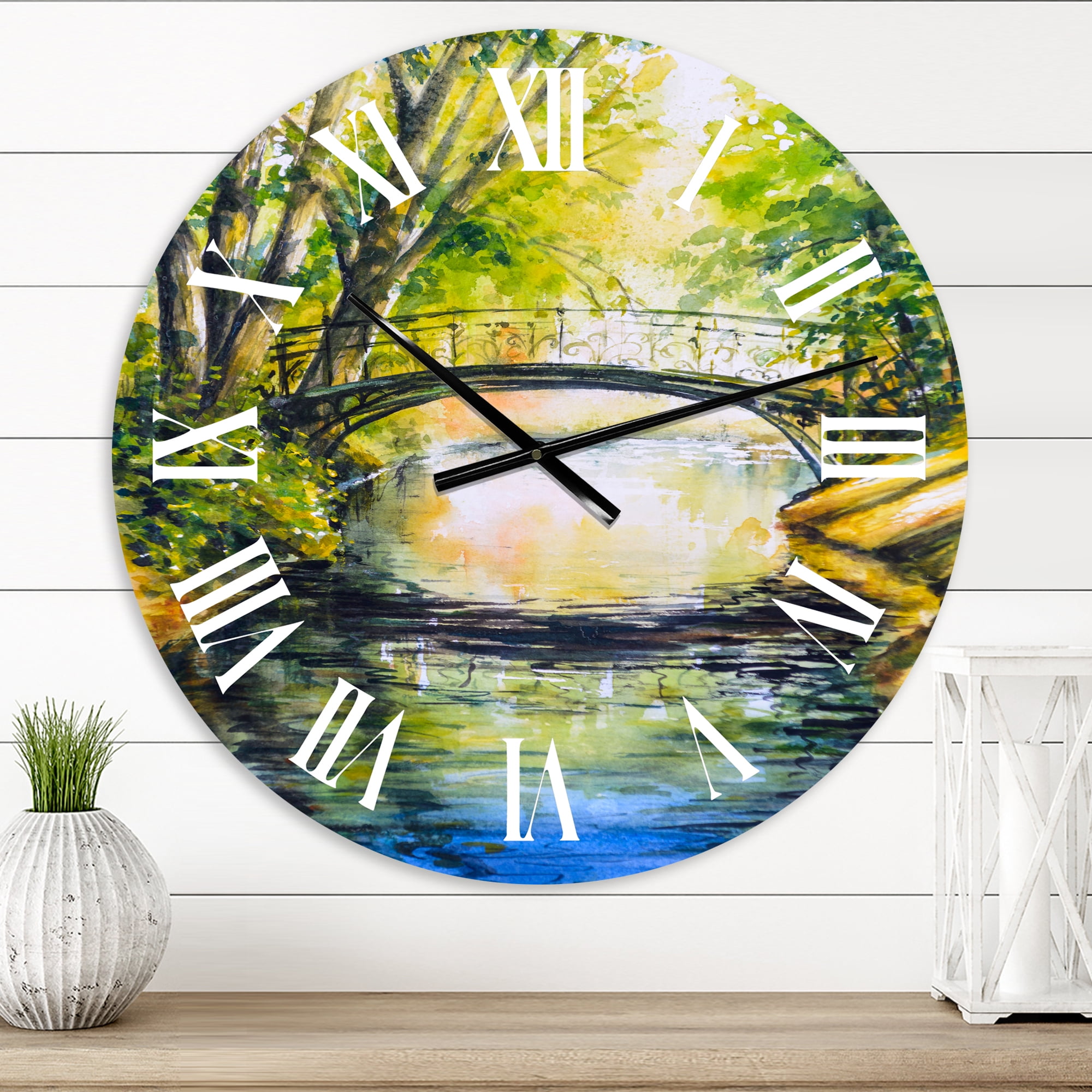 Designart 'Bridge Over Troubled Water In Forest Park' Lake House Wall Clock