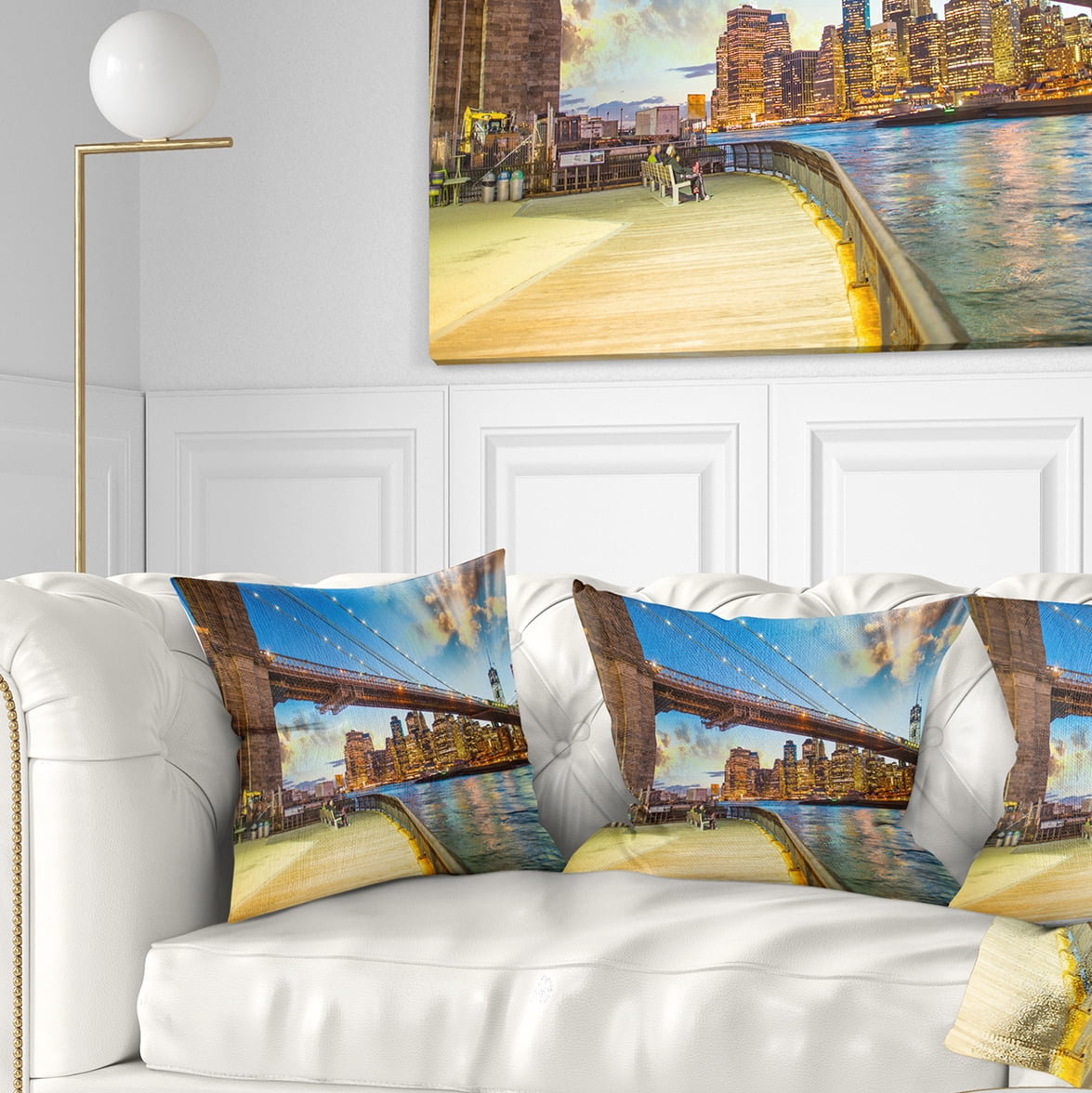 Designart Bridge Park Brooklyn - Cityscape Photography Throw Pillow - 18x18