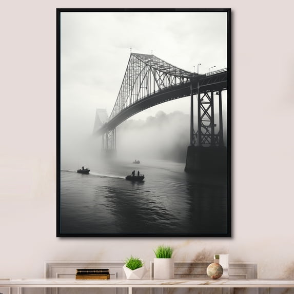 Designart "Bridge Shrouded in Fog II" Cityscapes Floater Framed Canvas Print
