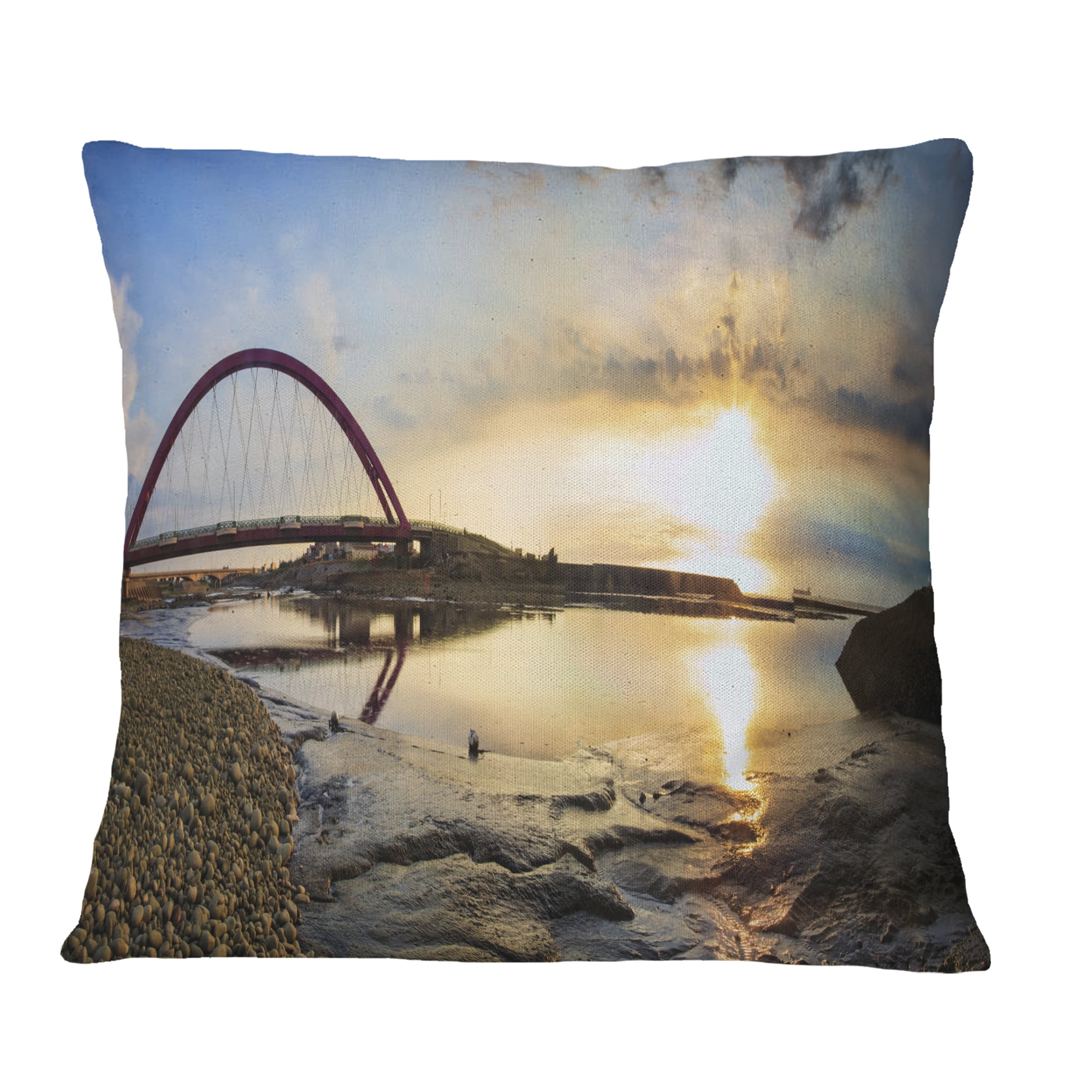 Designart Bridge Sunset Panorama - Seashore Wall Throw Pillow - 16x16