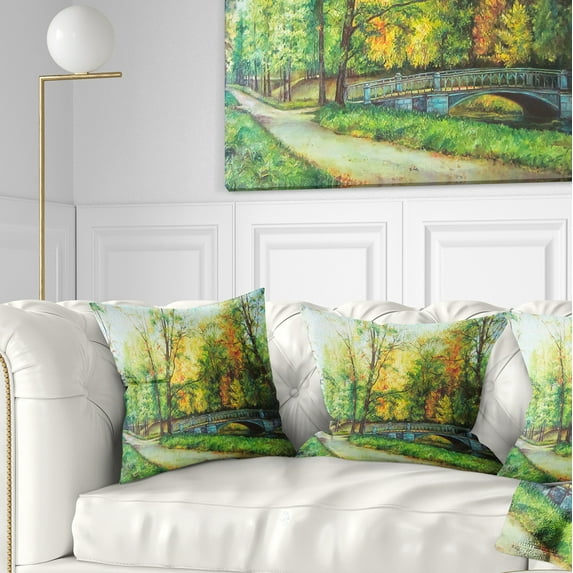 Designart Bridge in Colorful Forest - Landscape Painting Throw Pillow - 16x16