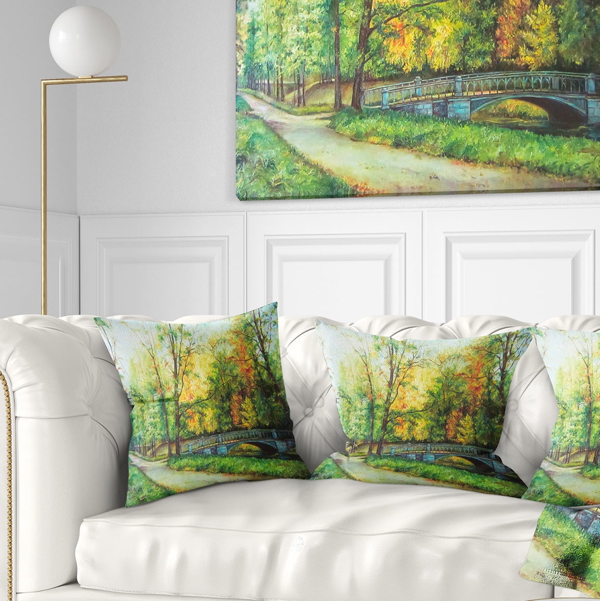 Designart Bridge in Colorful Forest - Landscape Painting Throw Pillow - 18x18