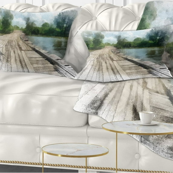 Designart Bridge over Waterfall in Forest - Landscape Printed Throw Pillow - 12x20