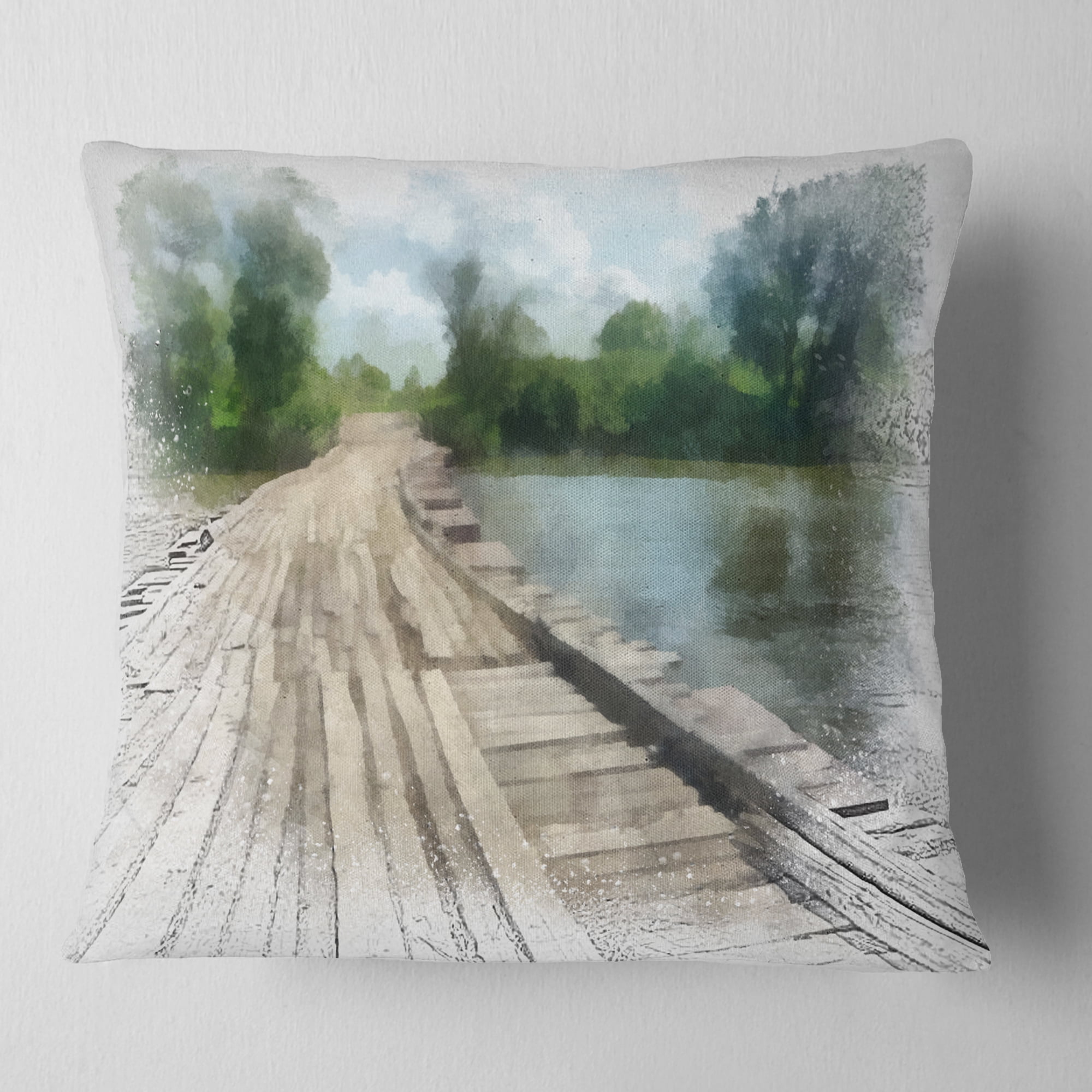 Designart Bridge over Waterfall in Forest - Landscape Printed Throw Pillow - 18x18