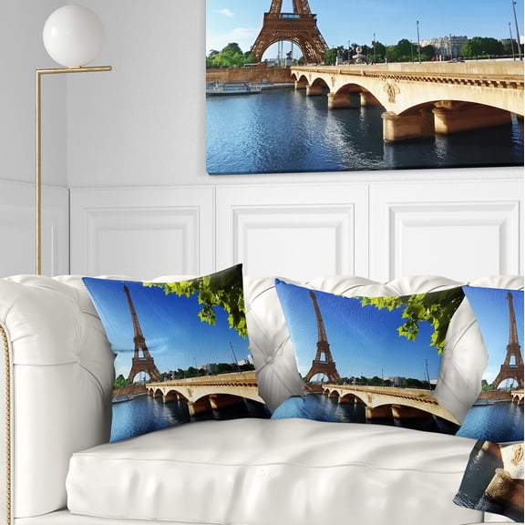 Designart Bridge to Paris Paris Eiffel TowerParis - Cityscape Throw Pillow - 18x18